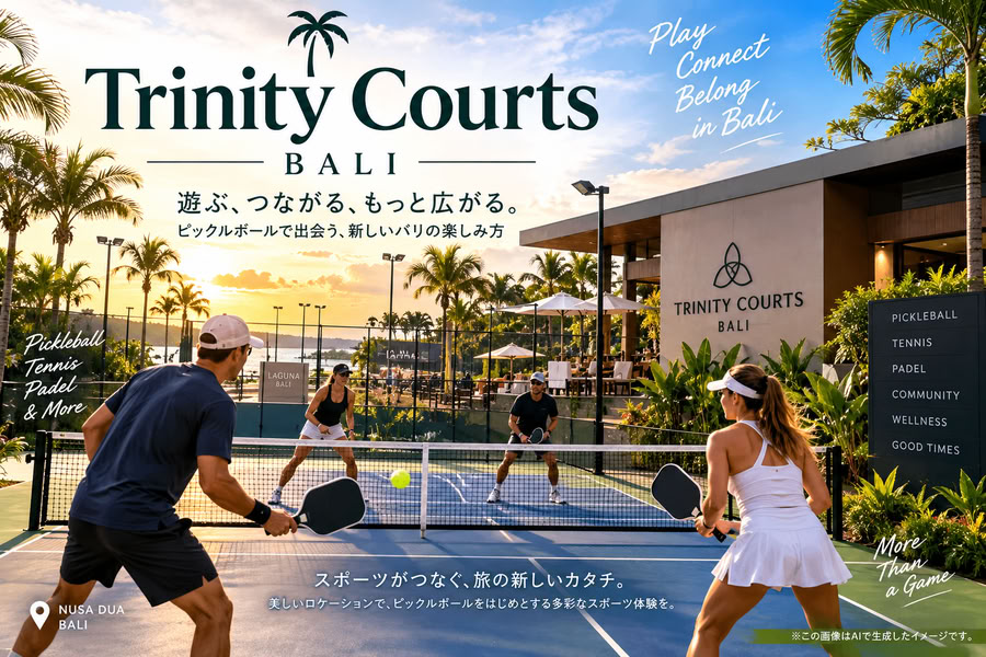 AI生成：バリ島ヌサドゥアのTrinity Courtsでピックルボールを楽しむ様子を描いたイメージ画像。