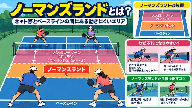AI生成：ピックルボールのノーマンズランドの位置と動き方を示すイラスト図解。