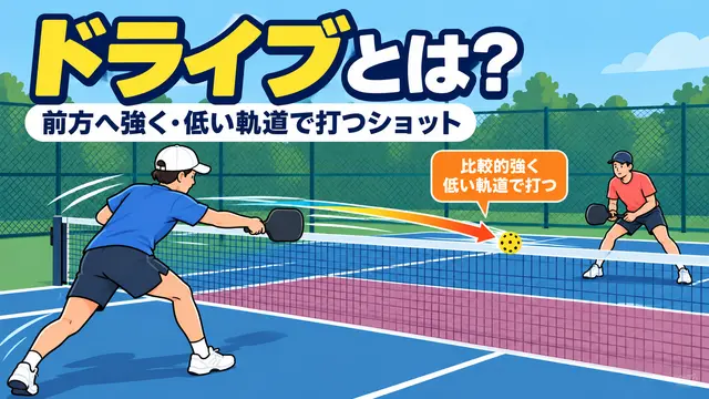 AI生成：ピックルボールのドライブを示すイラスト図解。
