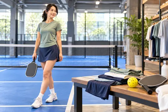 AI生成：ピックルボールウェアを着用した女性とコート用品売り場